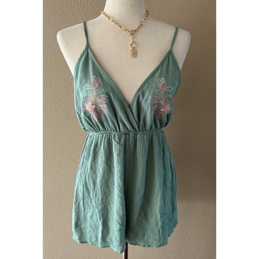 Peach Love California Sage Green Embroidered Spaghetti-Strap Romper